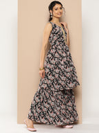 KSUT (House of Varanga) Black Printed Anarkali Kurta Paired With Sharara And Plain Tonal Dupatta