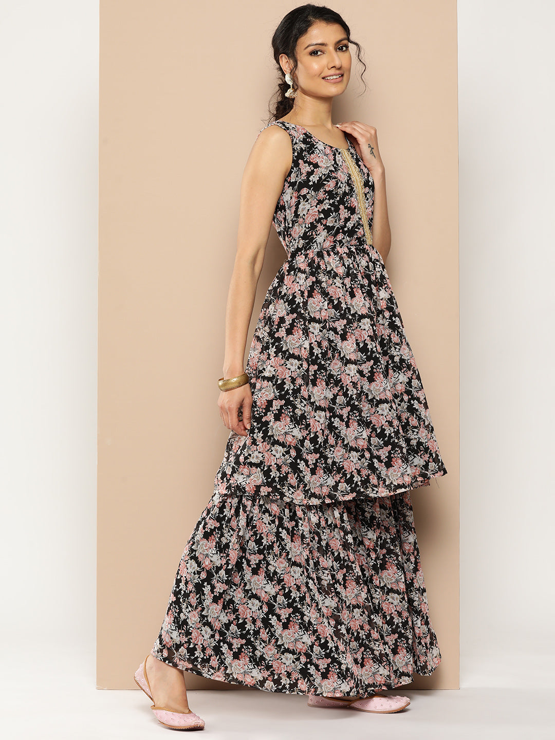 KSUT (House of Varanga) Black Printed Anarkali Kurta Paired With Sharara And Plain Tonal Dupatta