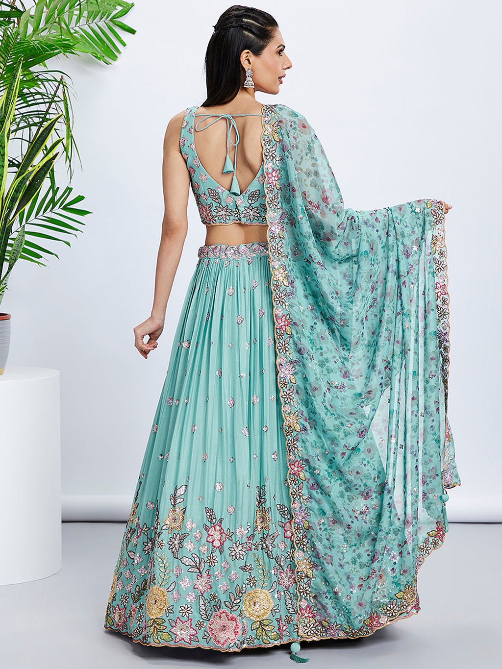 House of Panchhi Mauve Chiffon Sequins And Thread Embroidery Lehenga Choli & Dupatta