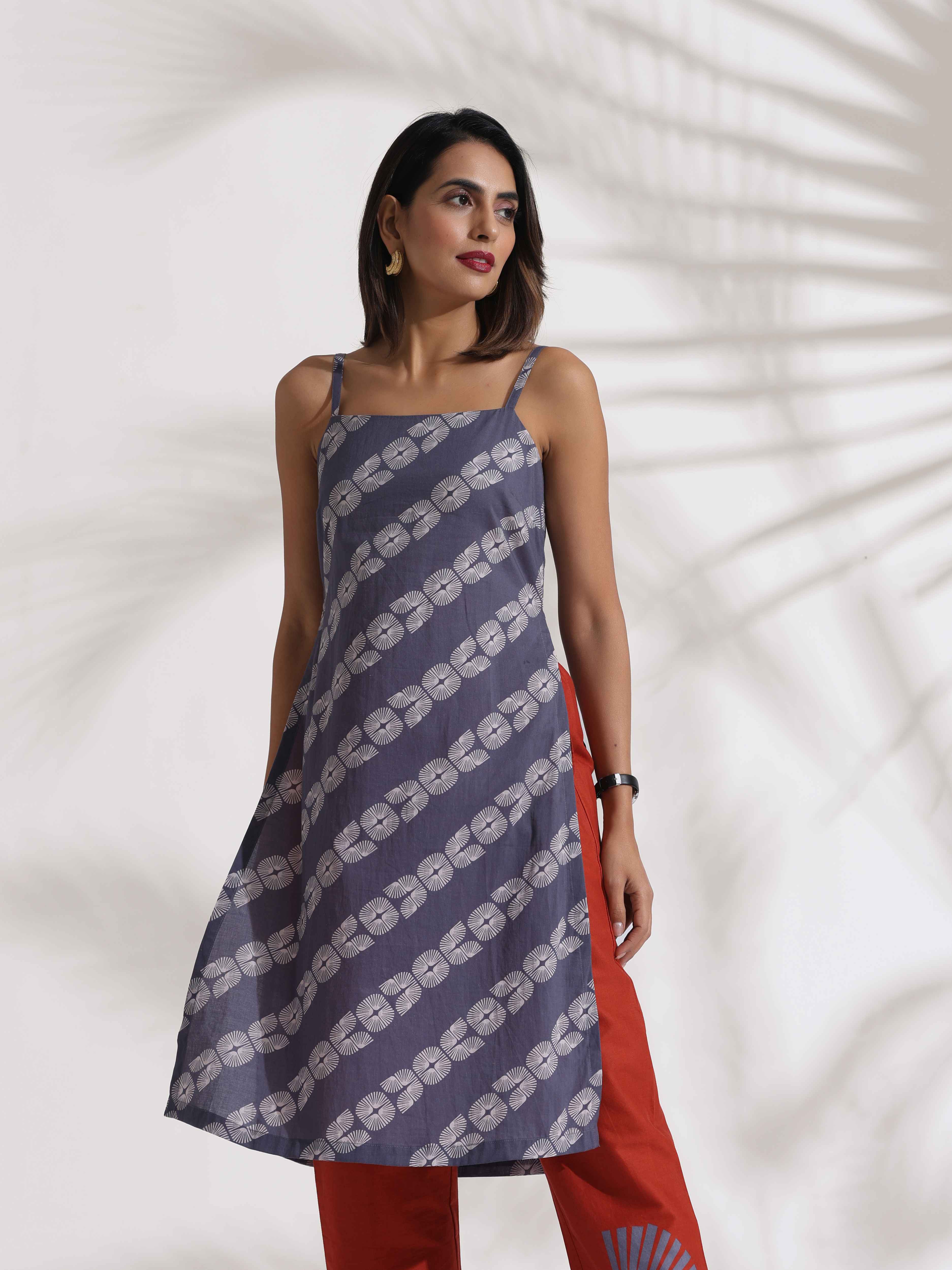 trueBrowns Grey Cotton Print Highslit Kurta Set - Distacart