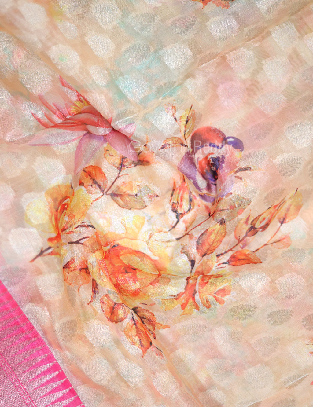 Shades of Cream Colour Floral Design Banaras Semi Silk Saree By Gayathri Reddy Designer Studio