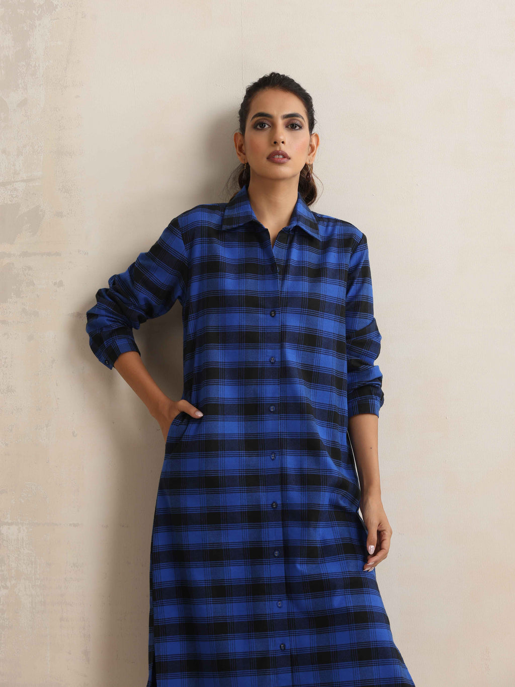 trueBrowns Blue Check Winter Shirt Dress - Distacart