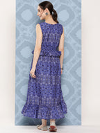 InWeave Women's Blue Floral Paisley Print Long Frill Dress - Distacart