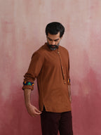 trueBrowns Men's Brown Cotton Mandarin Collar Stylized Kurta