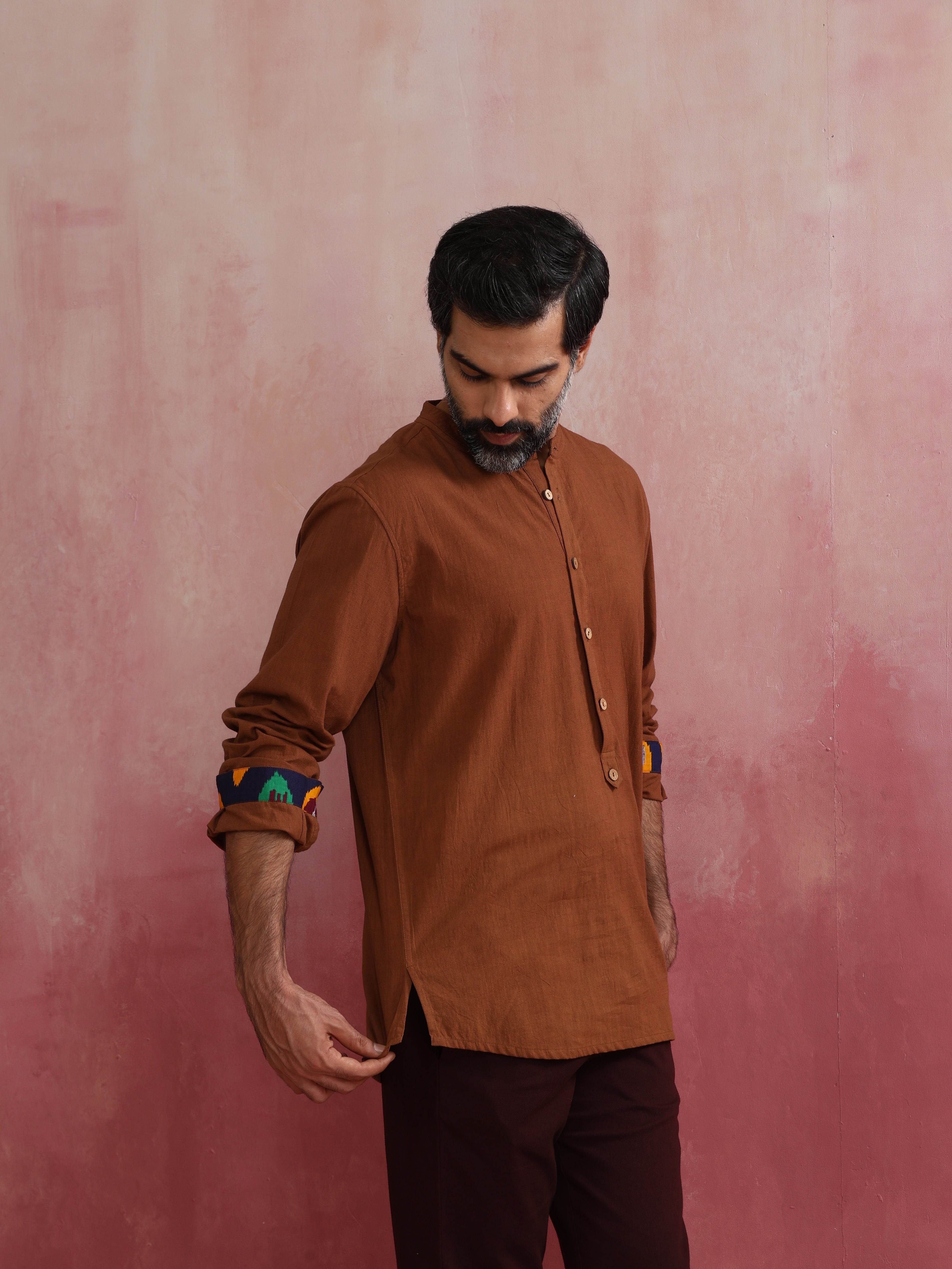 trueBrowns Men's Brown Cotton Mandarin Collar Stylized Kurta