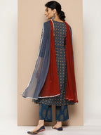 KSUT (House of Varanga) Blue And Rust Yoke Style Anarkali Paired With Printed Palazzo And Ombre Dupatta - Distacart