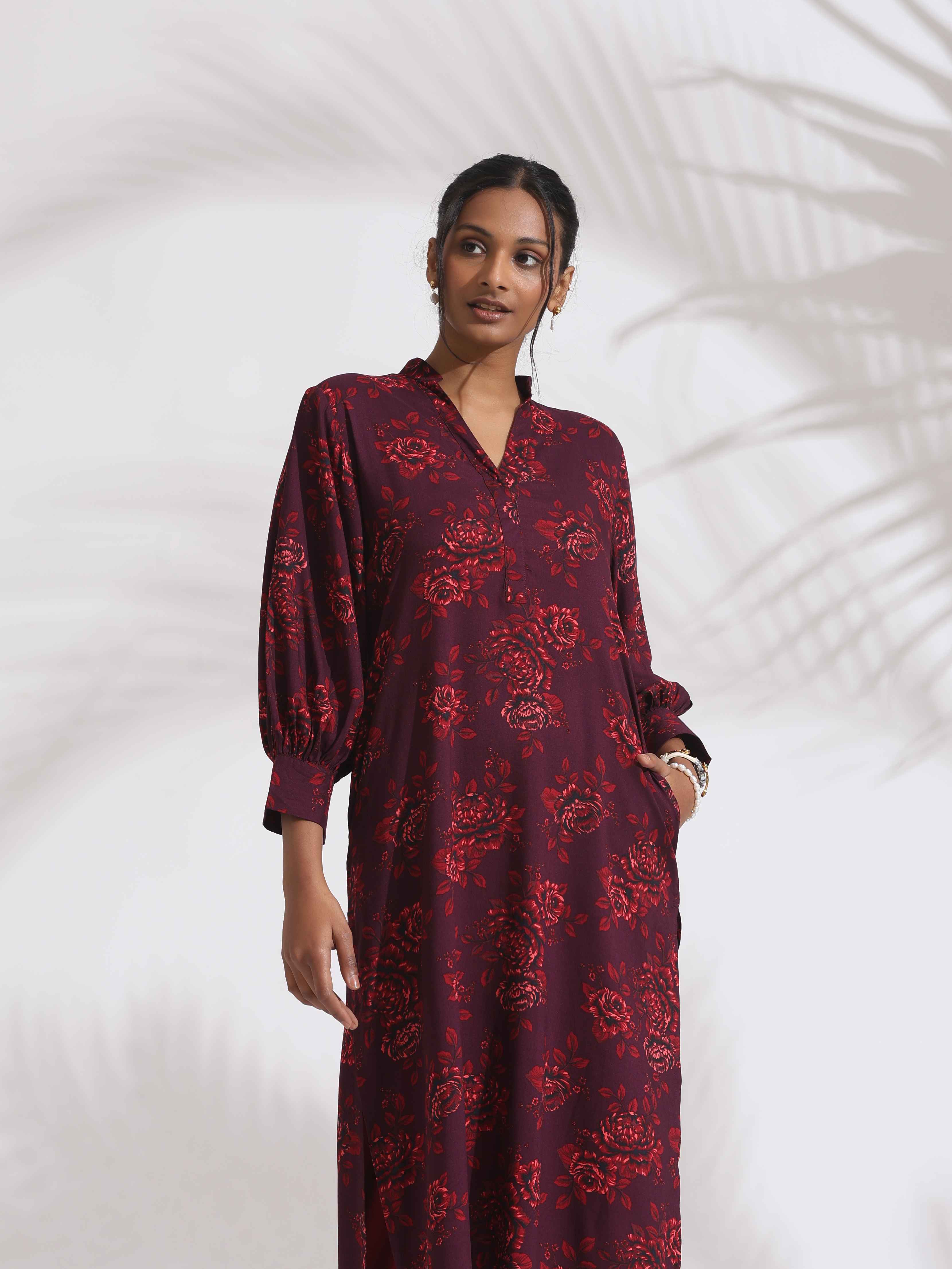 trueBrowns Purple Floral Print Kurta Set - Distacart