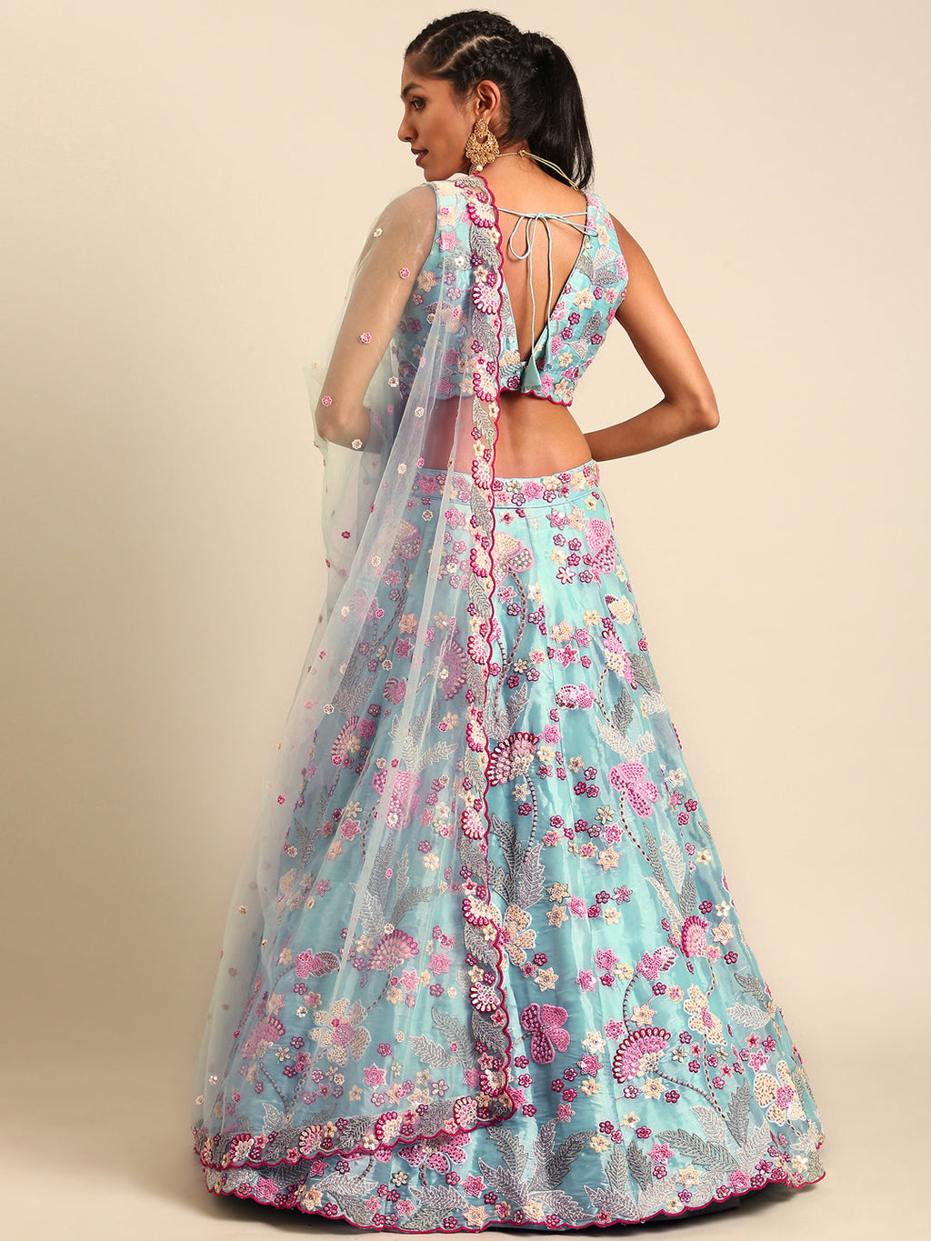 House of Panchhi Turquoise Blue Organza Sequins And Zarkan Embroidery Lehenga Choli & Dupatta