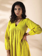 trueBrowns Lime Cotton Dobby Flared Dress - Distacart