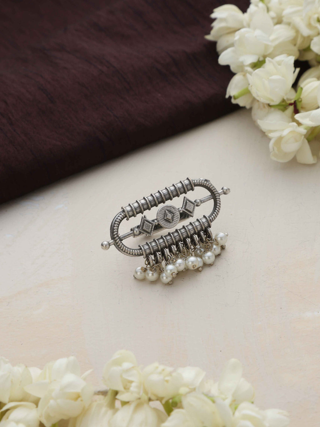 trueBrowns Silver Tone Pearl Drop Ring