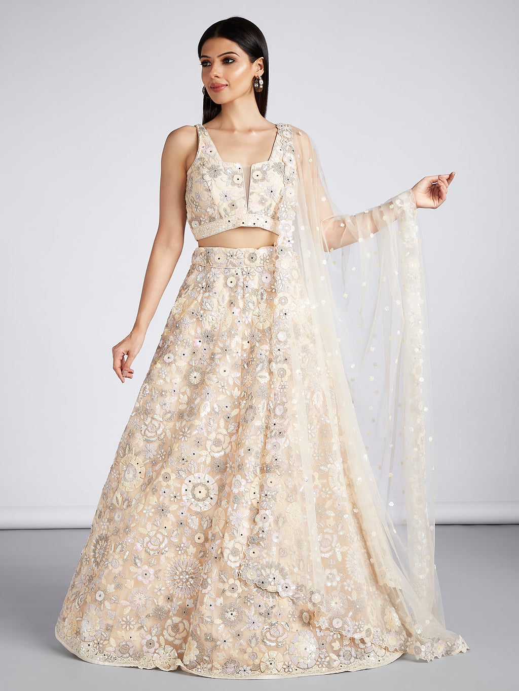 House of Panchhi Cream Net Sequins, Mirror And Thread Embroidery Lehenga Choli & Dupatta