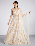 House of Panchhi Cream Net Sequins, Mirror And Thread Embroidery Lehenga Choli & Dupatta