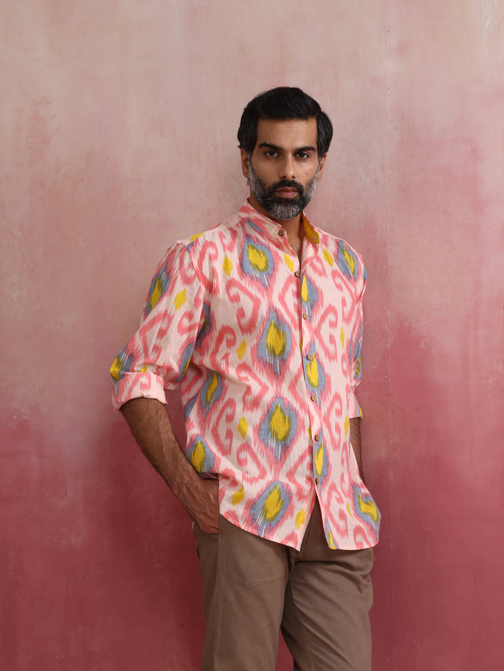 trueBrowns Men's Lime Ikat Print Cotton Shirt