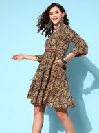 InWeave Women's Brown Kalamkari Print Short Dress - Distacart