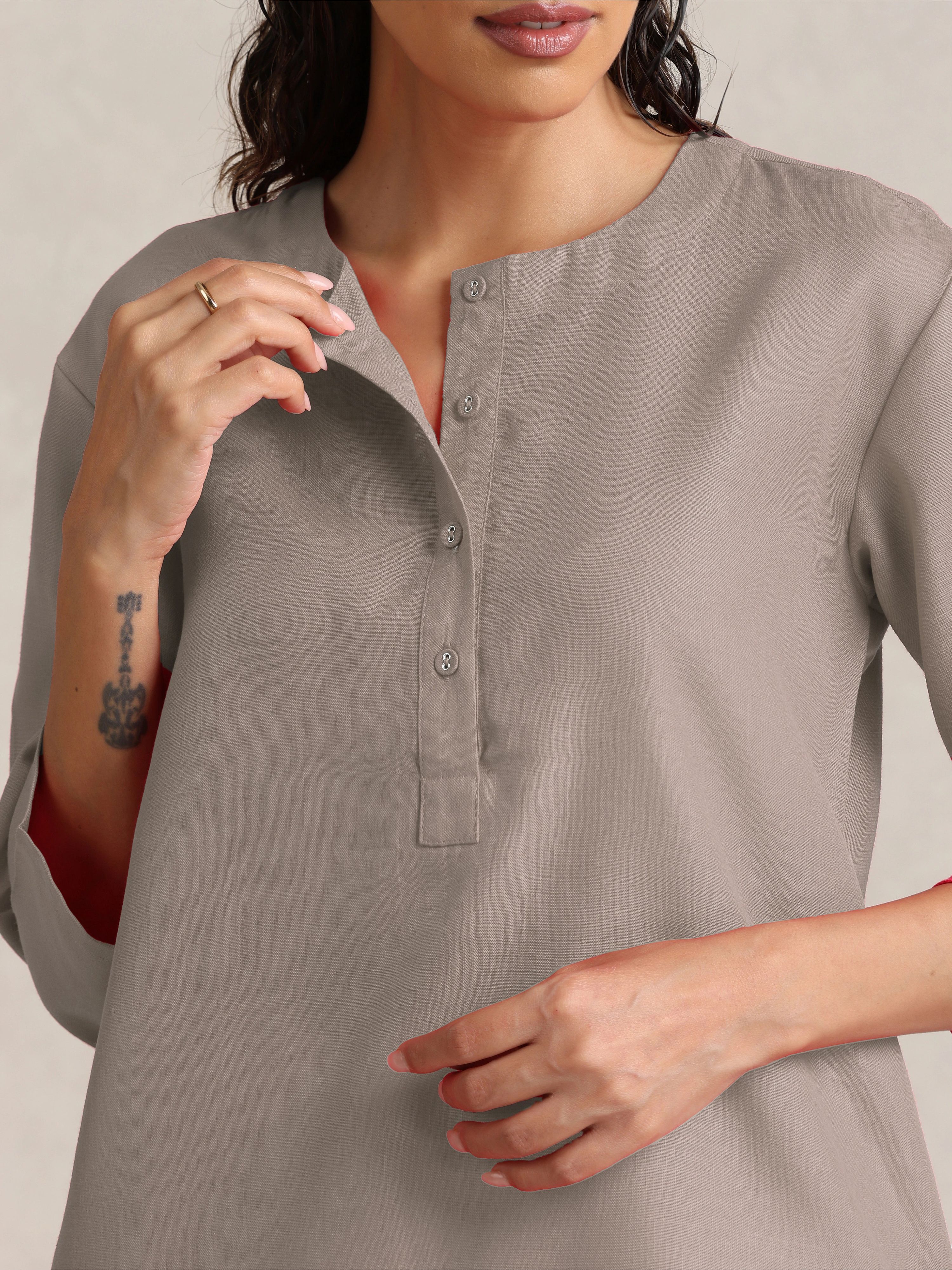 trueBrowns Light Grey Cotton Blend Short Kurta - Distacart