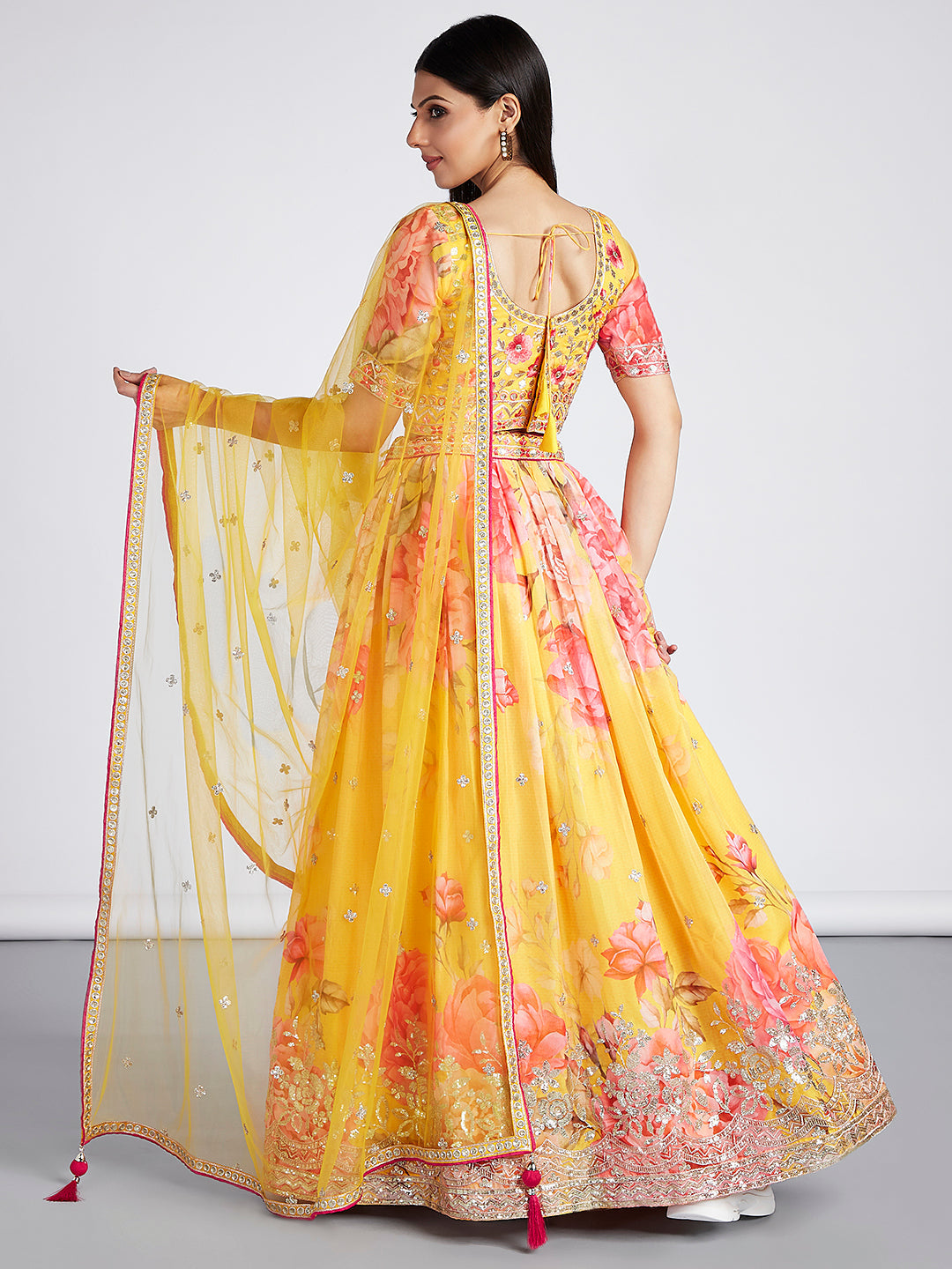 House of Panchhi Yellow Colour Organza Floral Design Digital Print Lehenga Choli & Dupatta