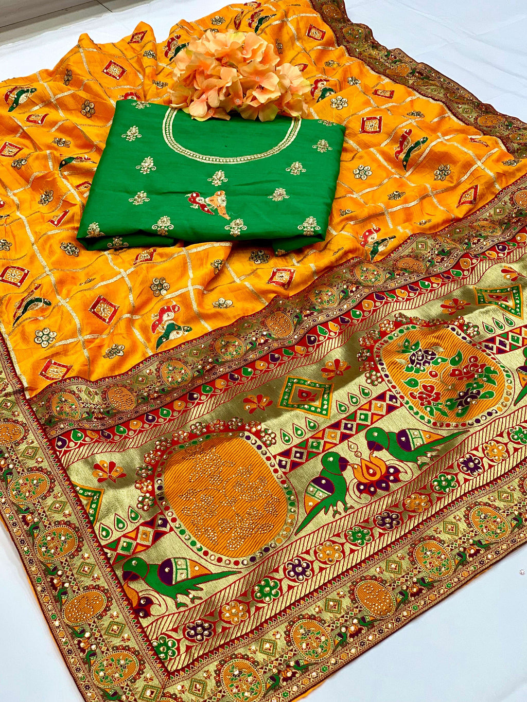 Lorenvalley Fashion Premium Yellow Vichitra Silk Embroidery and Diamond work Both Side Saree