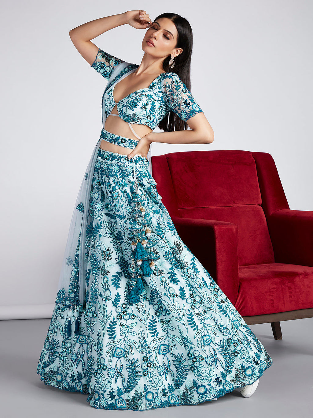 House of Panchhi Turquoise Blue Net Sequins, Mirror And Thread Embroidery Lehenga Choli & Dupatta