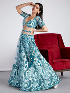 House of Panchhi Turquoise Blue Net Sequins, Mirror And Thread Embroidery Lehenga Choli & Dupatta