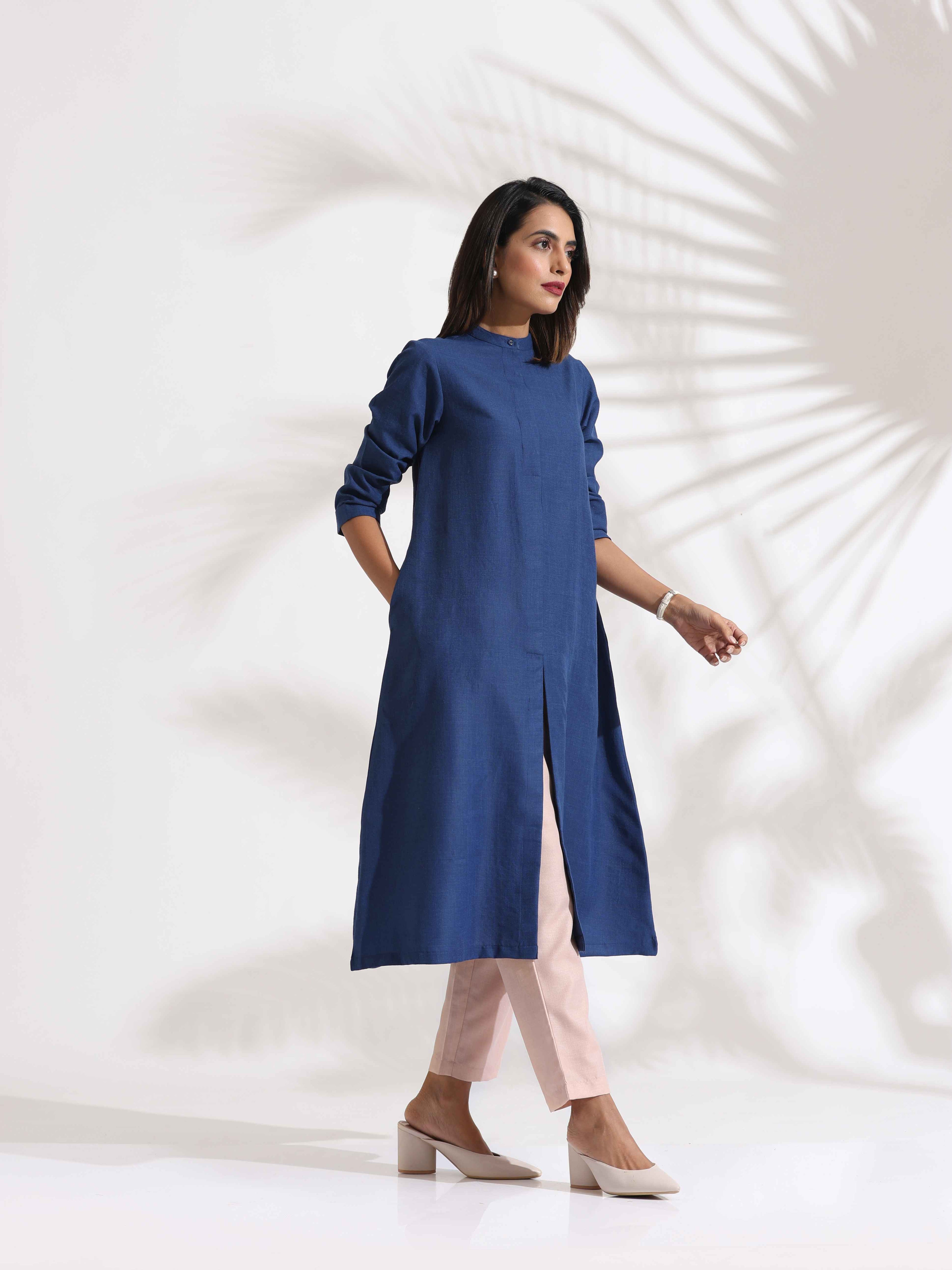 trueBrowns Blue Slub Kurta Set - Distacart