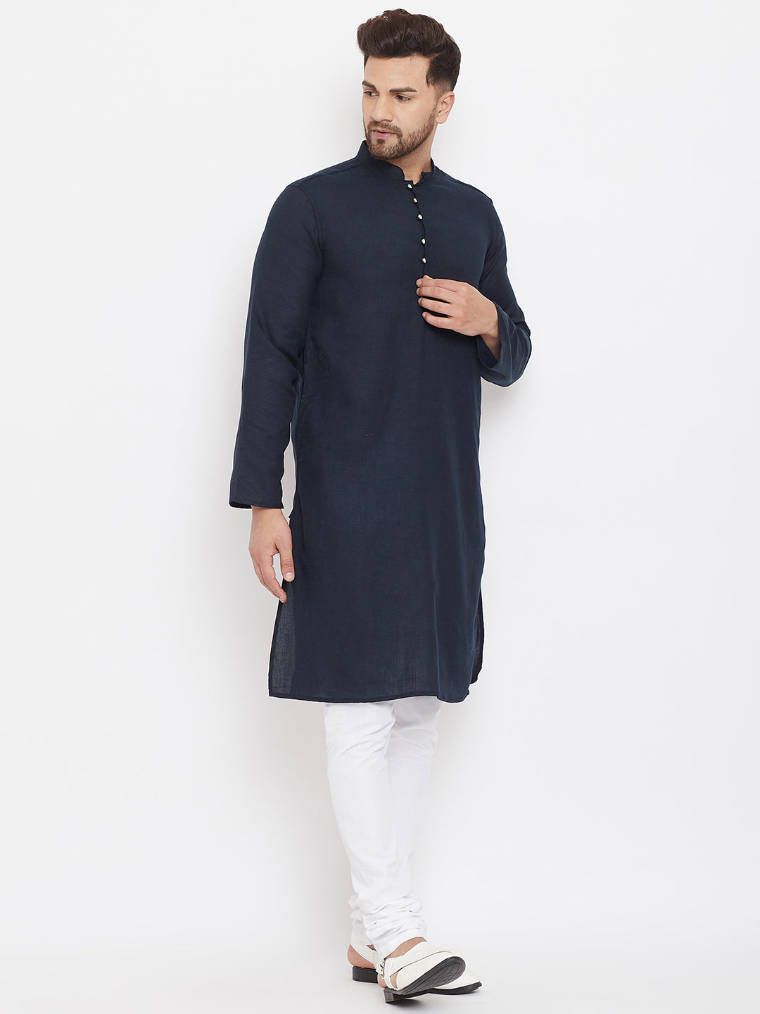 Even Apparels Blue Pure Cotton Kurta With Band Collar - Distacart