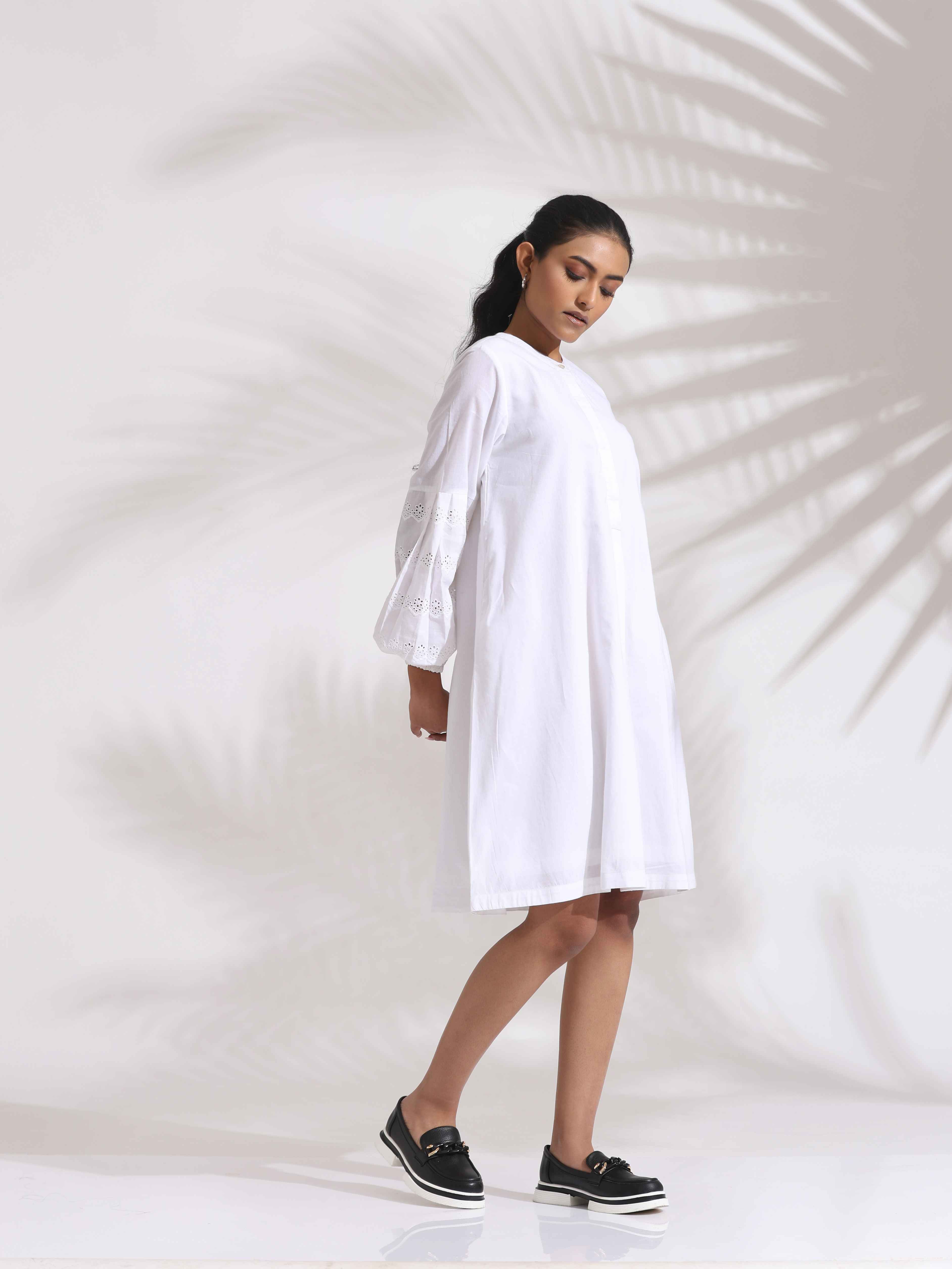 trueBrowns White Cotton Schiffli Short Dress - Distacart