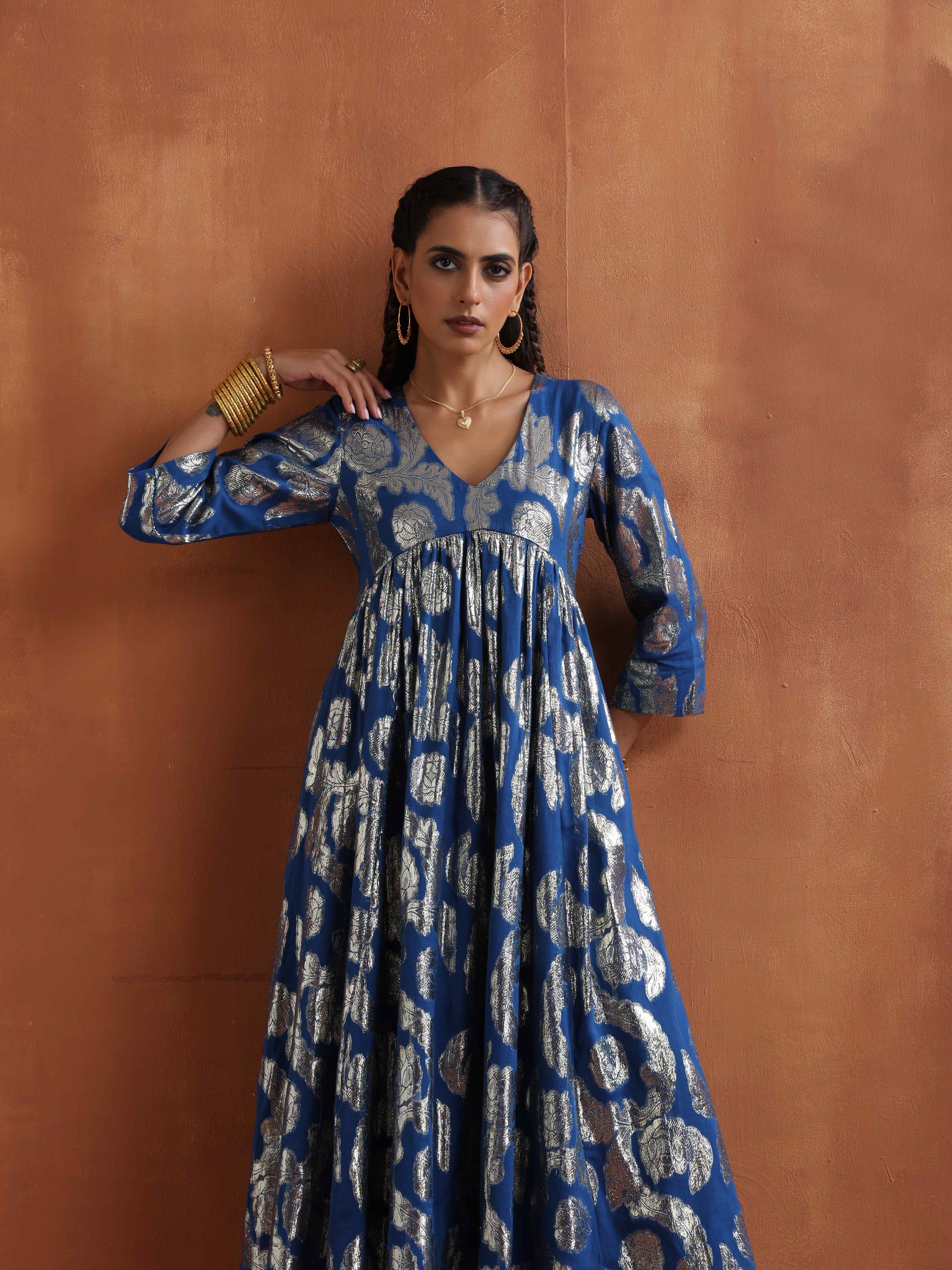 trueBrowns Blue Metallic Flared Anarkali Kurta Set - Distacart