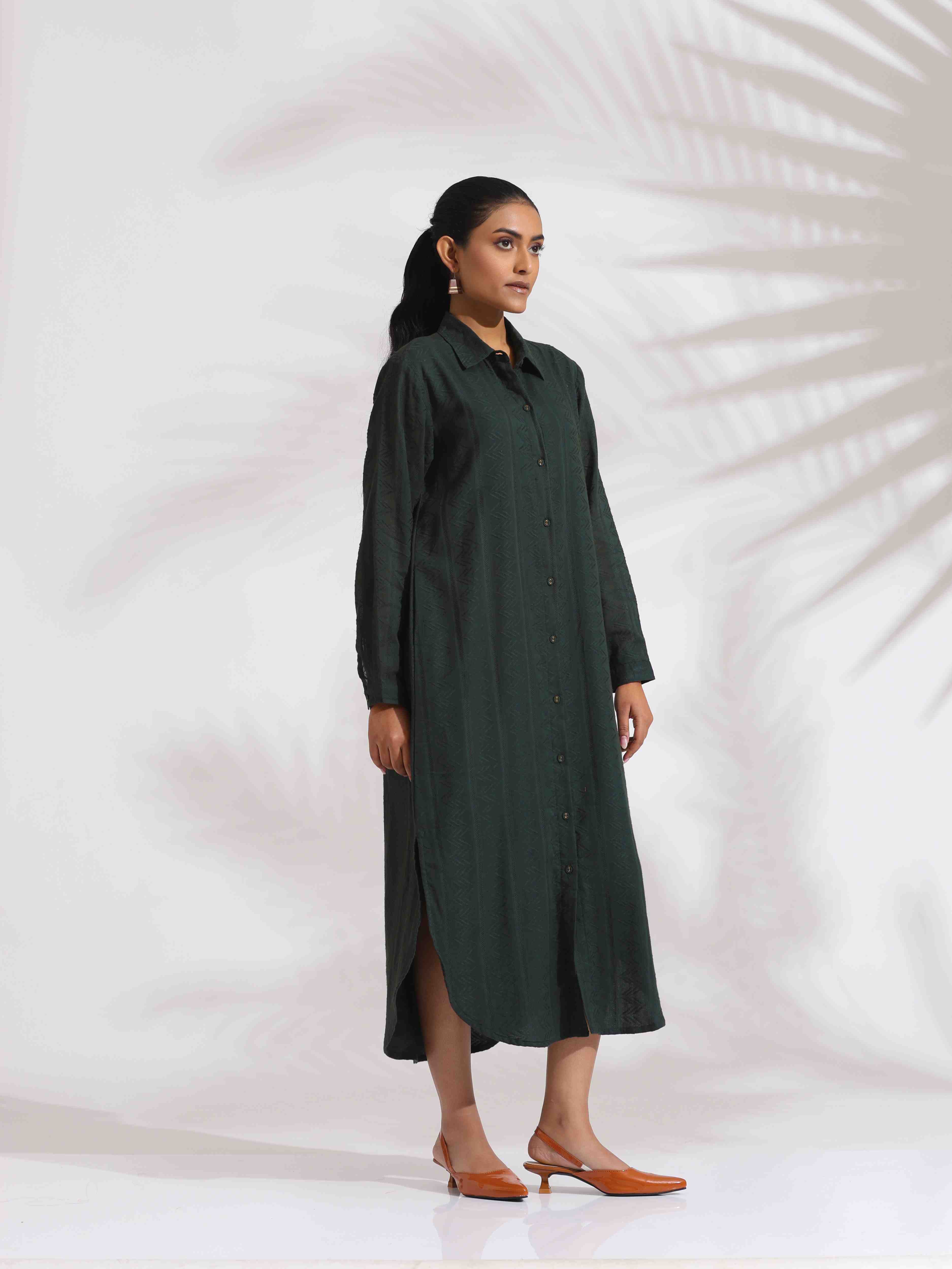 trueBrowns Green Cotton Shirt Dress - Distacart