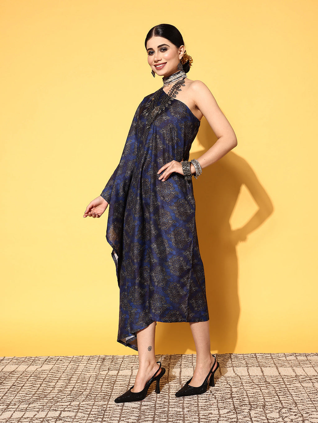 InWeave Women's Indigo Boota Print One Shoulder Kaftan Dress - Distacart