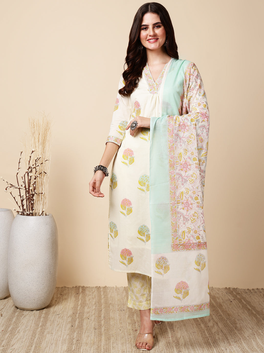 Antaran Cream Pure Cotton Floral Printed Kurta Pant And Dupatta Set - Distacart