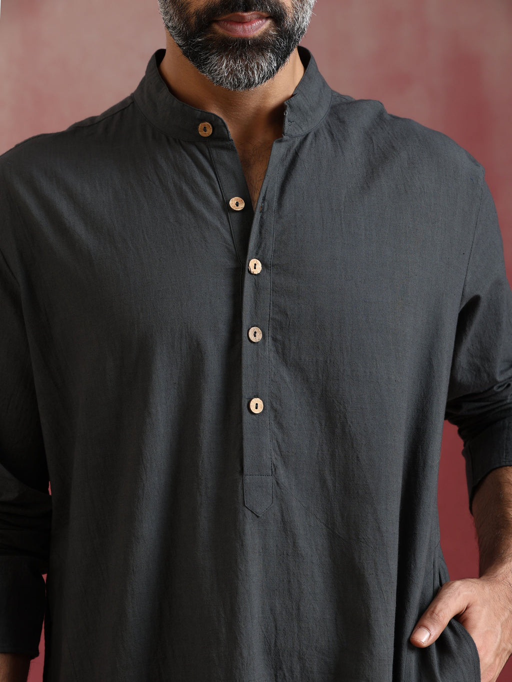 trueBrowns Men's Charcoal Grey Mandarin Collar Kurta