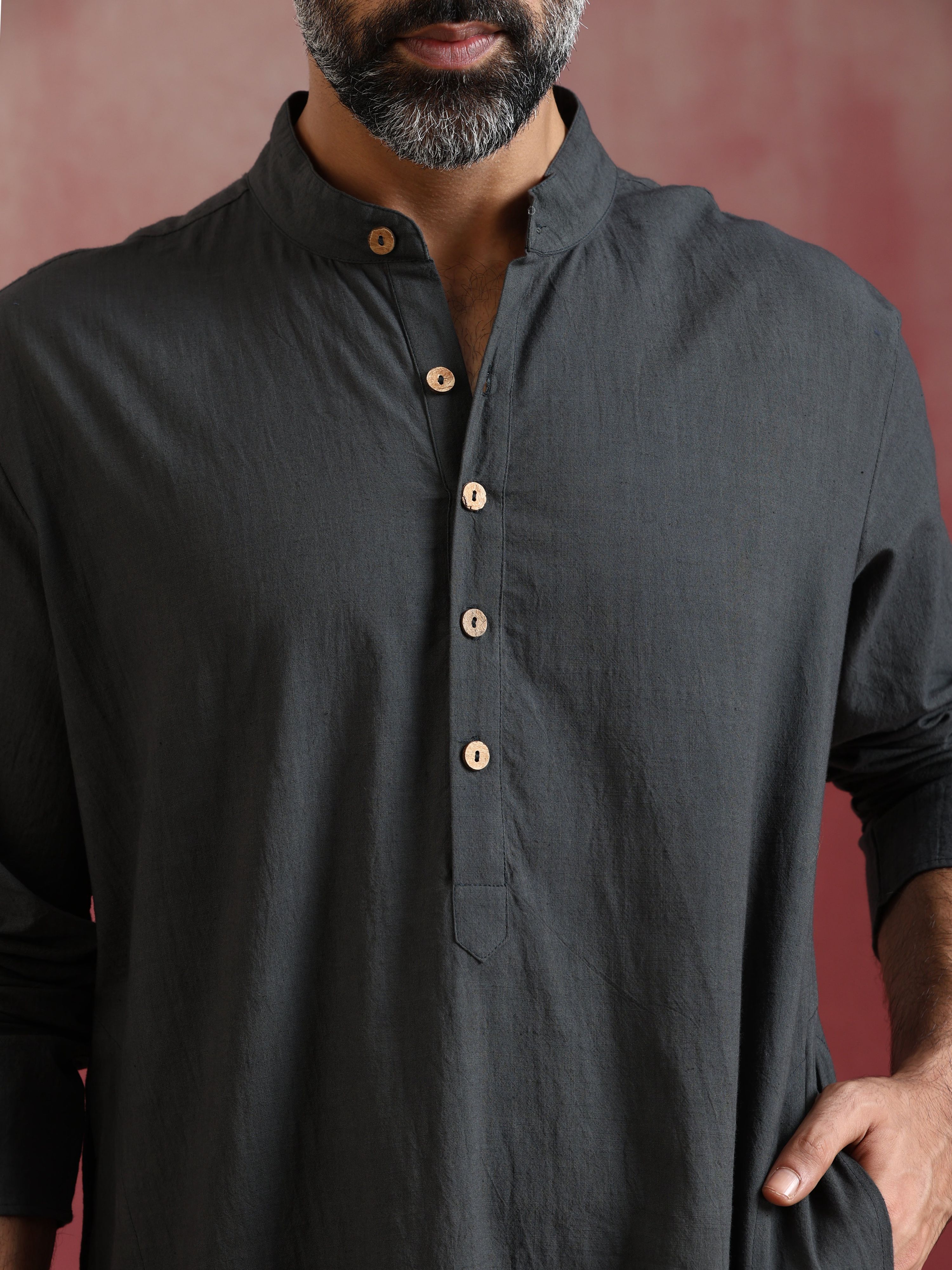 trueBrowns Men's Charcoal Grey Mandarin Collar Kurta