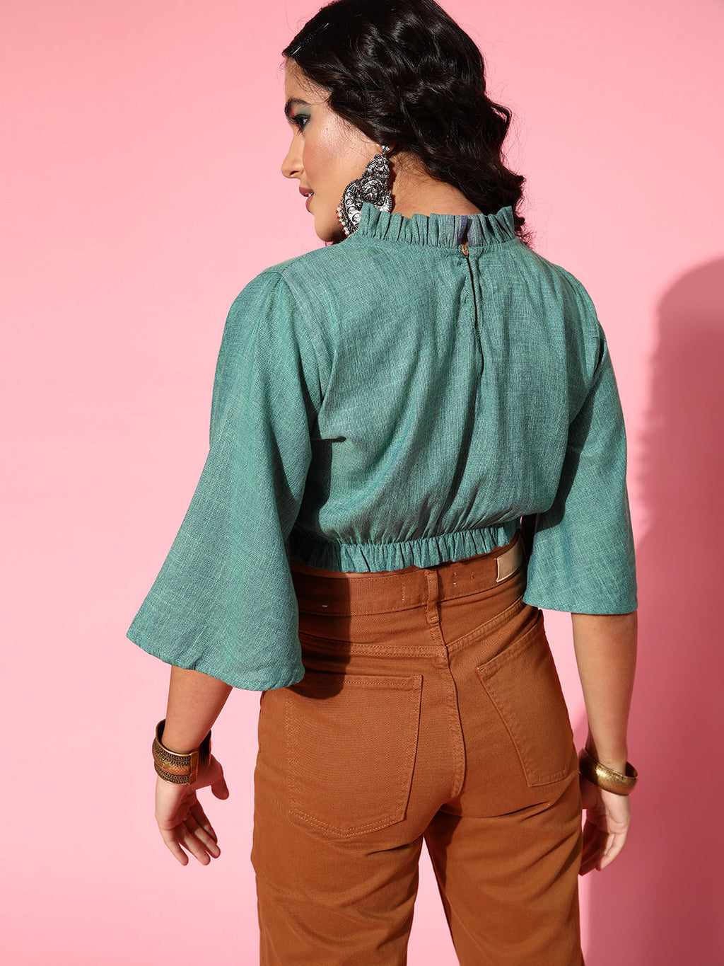 InWeave Women's Teal Blue High Neck Crop Top