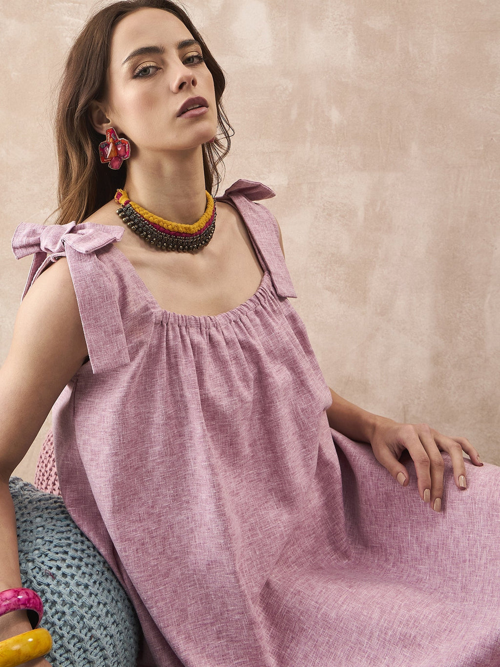 InWeave Dull Pink Linen Round Pleat Bow Dress - Distacart