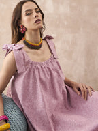 InWeave Dull Pink Linen Round Pleat Bow Dress - Distacart
