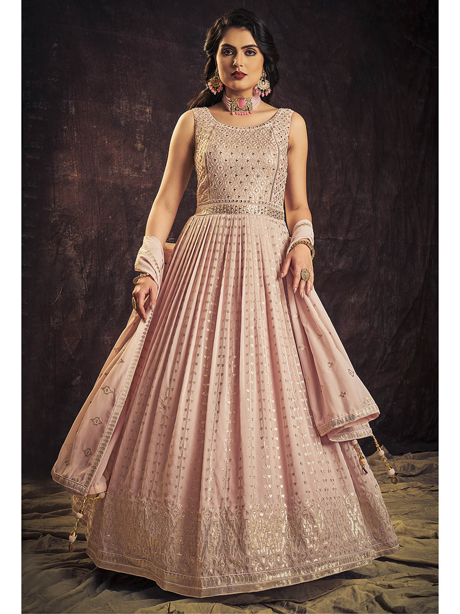 Myra Baby Pink Real Georgette Designer Gown Style Suit - Distacart