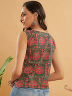 InWeave Green Red Mughal Kalamkari Top - Distacart