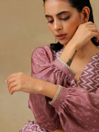 trueBrowns Dark Mauve Bandhani Printed Silk Elasticated Blouse