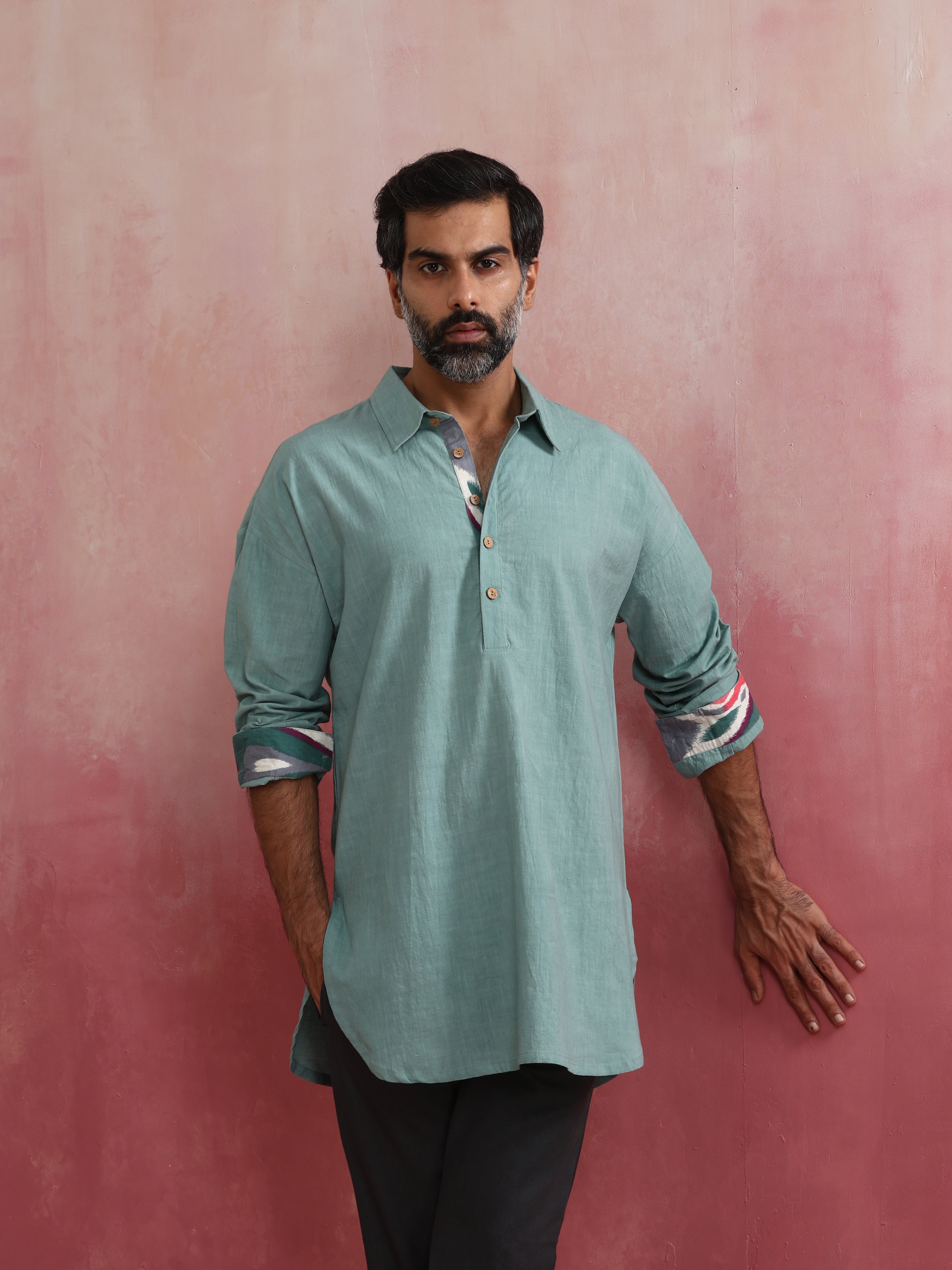 trueBrowns Men's Aqua Blue Cotton Shirt Collar Stylized Kurta
