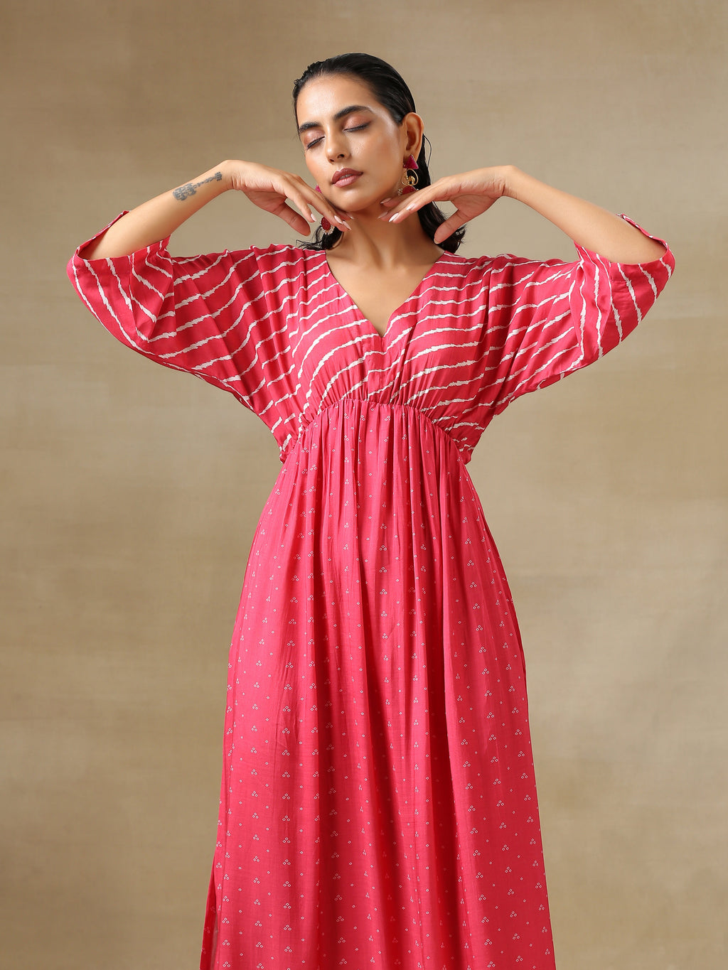trueBrowns Pink Bandhani Printed Silk Drop Shoulder Dress - Distacart