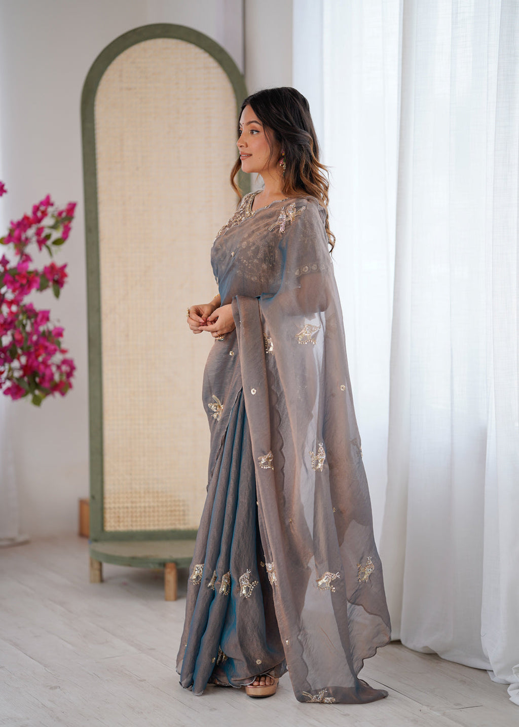Evanik Grey Mos Silk With Handwork Butterfly Design Saree With Unstitched Blouse - Distacart