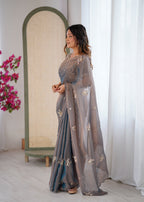 Evanik Grey Mos Silk With Handwork Butterfly Design Saree With Unstitched Blouse - Distacart