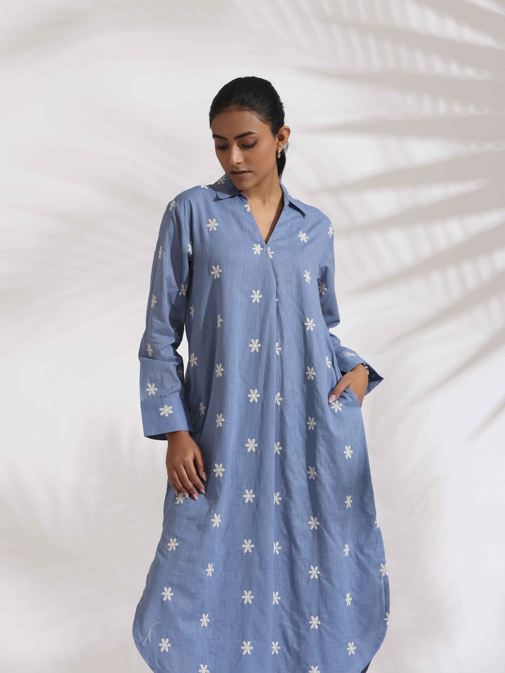 trueBrowns Blue Cotton Floral Embroidered Dress - Distacart