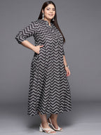 Ahalyaa Plus Size Chevron Print Crepe Mandarin Collar A-line Midi Ethnic Dress - Distacart