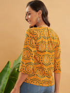 InWeave Women's Haldi Yellow Mughal Kalamkari Top