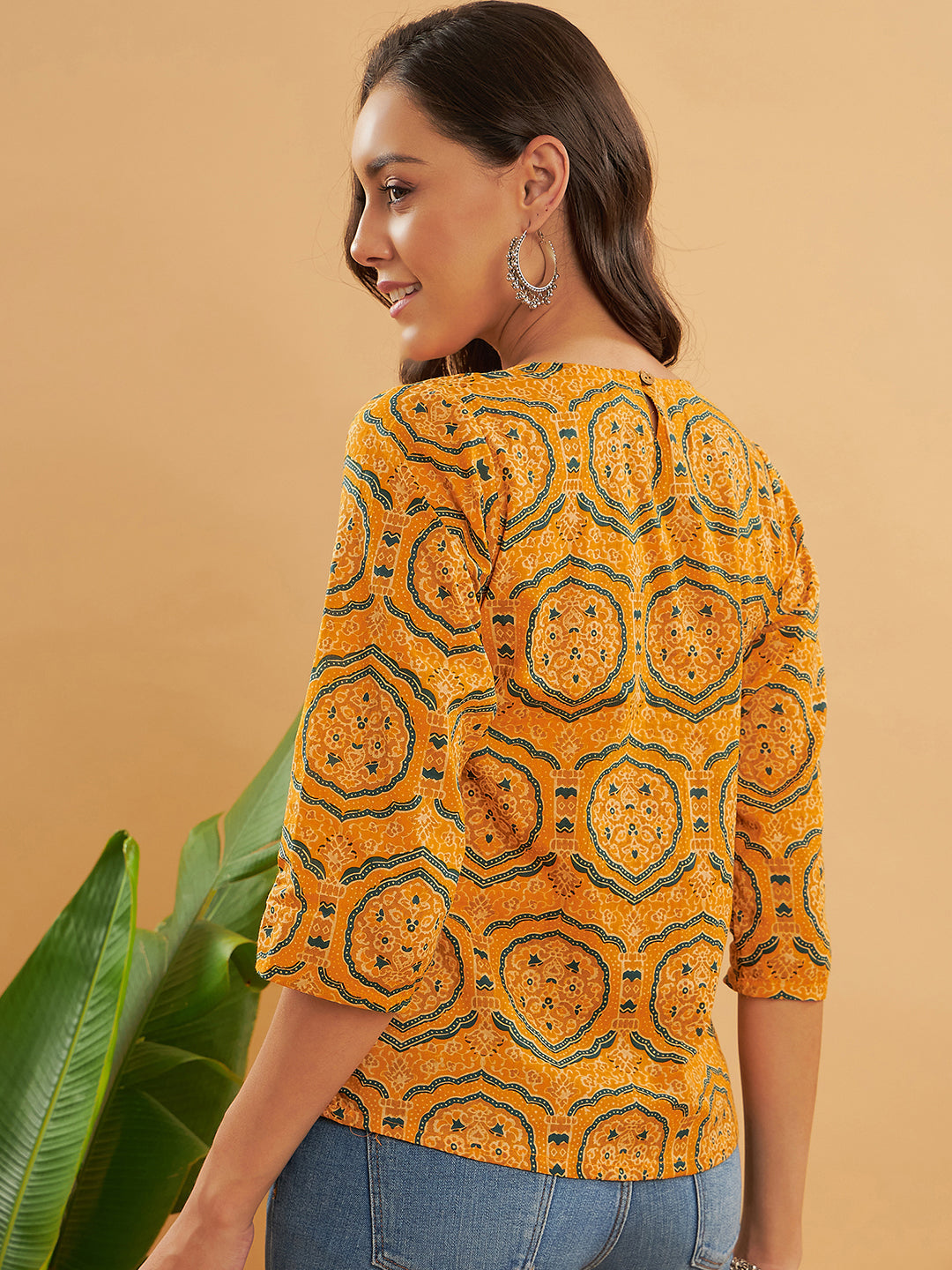 InWeave Women's Haldi Yellow Mughal Kalamkari Top