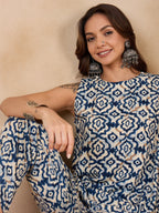 InWeave Peacock Blue White Moroccan Print Round Neck Kurta Set