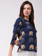 InWeave Elephant Print Blue Top
