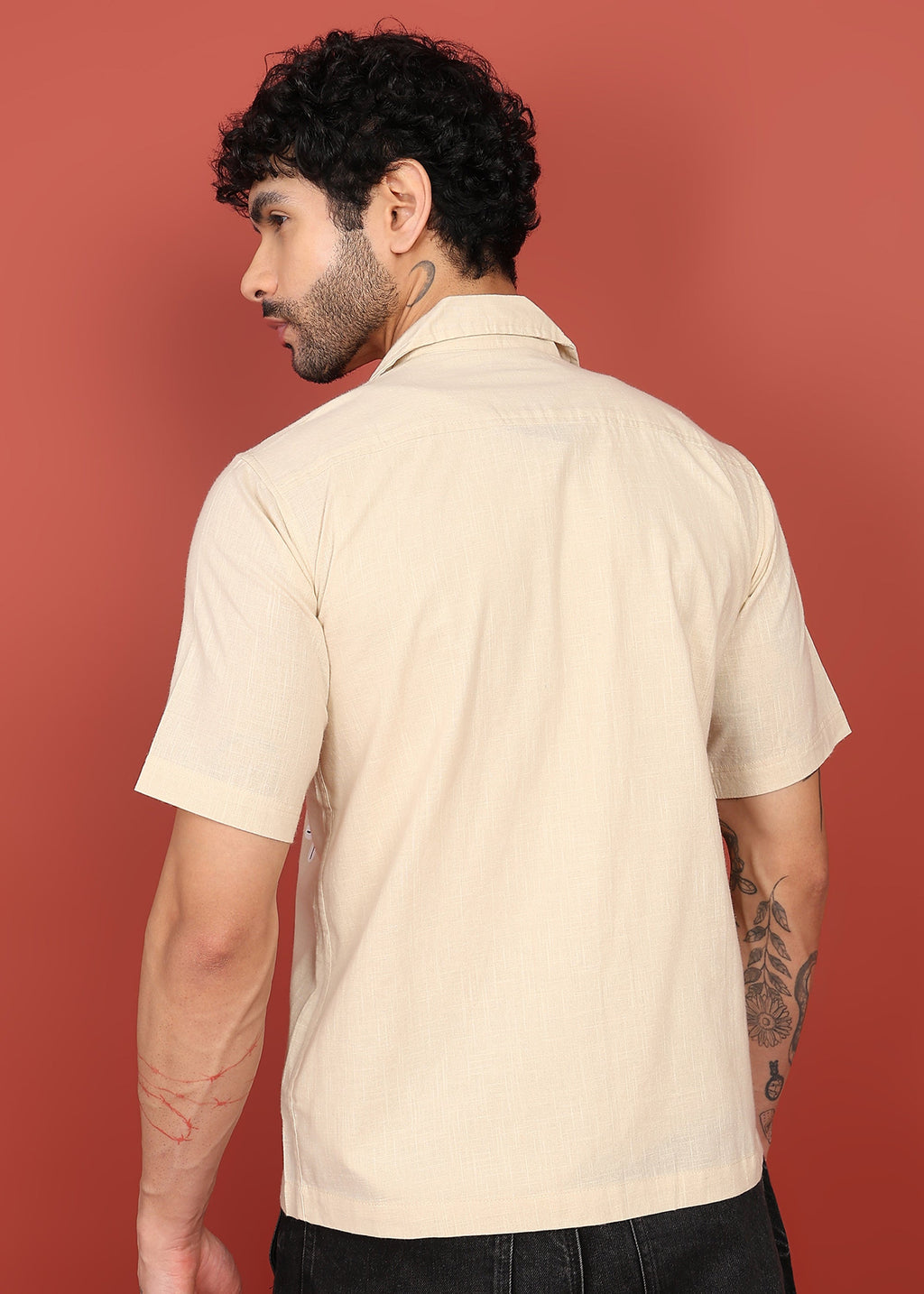 Fabmade Men’S Beige Linen Embroidered Resort Shirt
