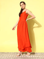 InWeave Women's Orange Strappy Set W Green Organza Cape